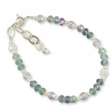 Armband mit echten Fluorit - Edelsteinen, Bergkristall und diamantiertem Silber