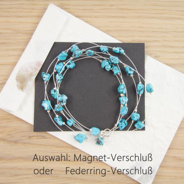 Filigrane Edelsteinkette dreireihig mit versetzten echten Türkisen und 925 Sterling Silber